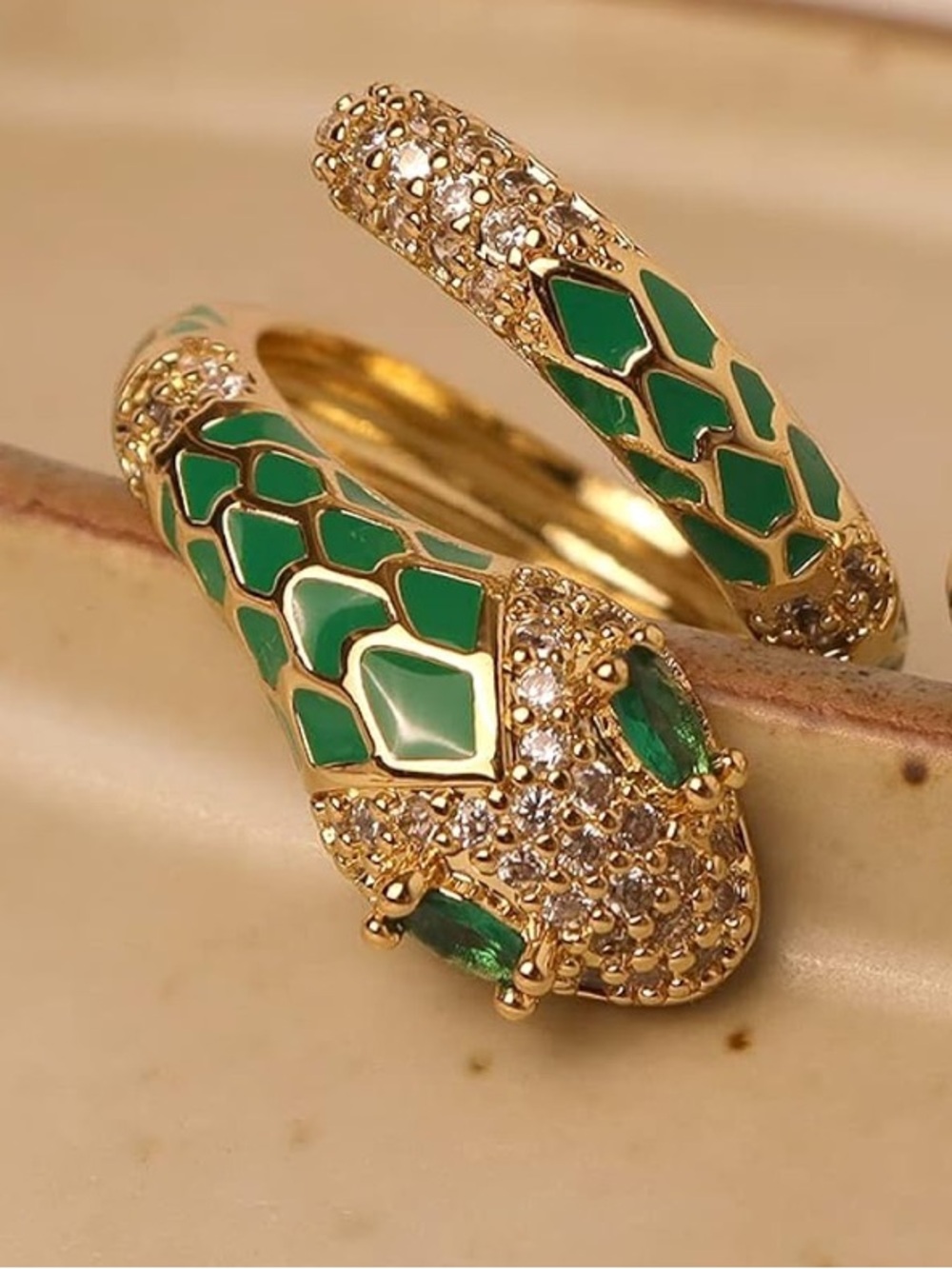 Green Enamel Snake Wrap Ring | Gold Crystal Serpent Ring | Adjustable Statement